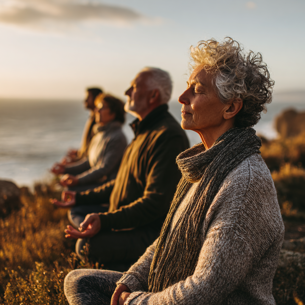 Older adults practicing meditation and breathing exercises in serene natural environment
